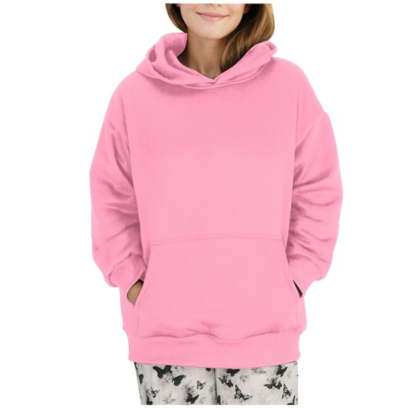 Women's Loose Hoodie Casual Long Sleeve Solid Color Sweatshirts Basic Hooded Pullover Sweatshirt with Pockets Pink M