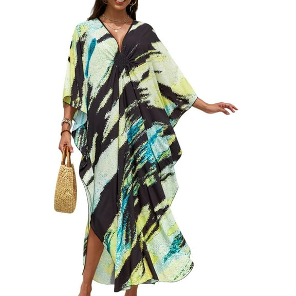 Women's Loose Kaftan Maxi Dress, Bohemian Floral Print V-Neck Batwing Sleeve Long Beach Dress, Lightweight Summer Cover Up