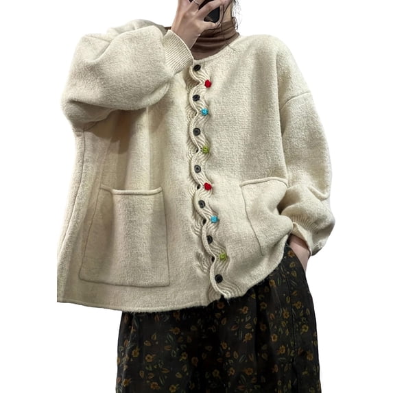 Women's Loose Knit Cardigan,Colorful Button Puff Sleeve Sweater Top with Pockets,Oversized