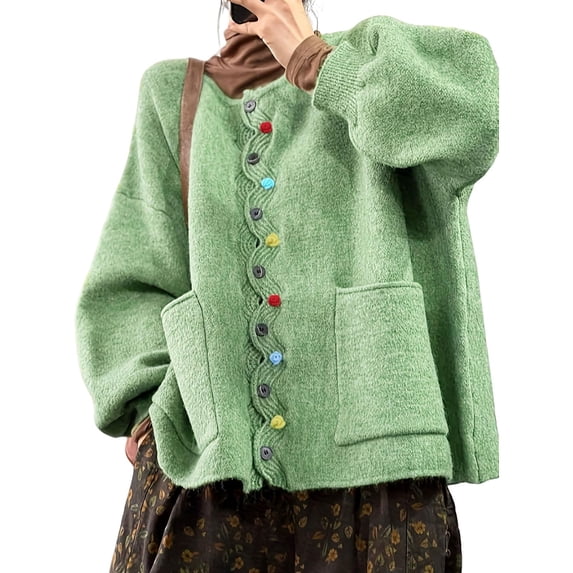 Women's Loose Knit Cardigan,Colorful Button Puff Sleeve Sweater Top with Pockets,Oversized