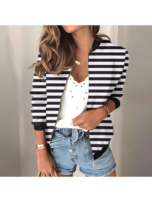 Women's Loose Knitted Baseball Jacket with Zipper, Long Sleeve Casual Sweatshirt, Soft Stretch Blend Zip-Up Bomber for Weekend Outings and Coffee Shop Strolls