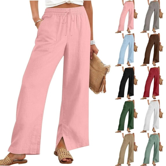 Women's Wide Leg Pants Summer And Linen Solid Loose Straight Pants With Pockets Side Slit Buttons Pants