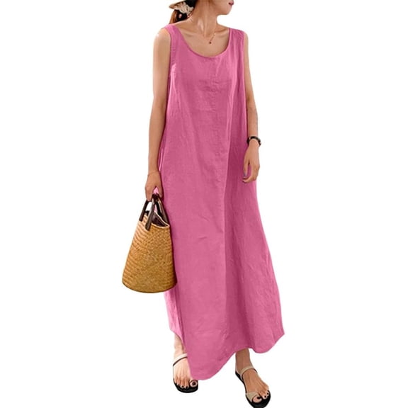 Women's Loose Linen Cotton Blend Maxi Dress Summer Sleeveless Crew Neck Swing Flowy Long Dress Casual Elegant Baggy Dress with Multiple Colors Available in S - 5XL