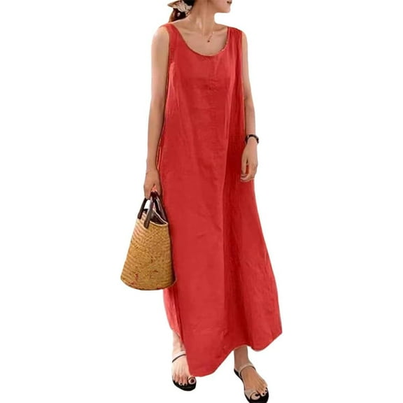 Women's Loose Linen Cotton Blend Maxi Dress Summer Sleeveless Crew Neck Swing Flowy Long Dress Casual Elegant Baggy Dress with Multiple Colors Available in S - 5XL