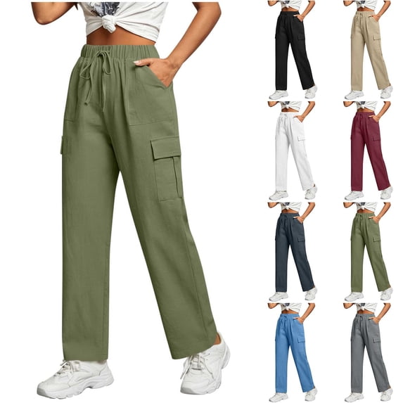 Women's Loose Linen Cotton Pants Casual Summer, Mid Elastic Waist Drawstring Pocket Ventilated Solid, Straight Wide Leg Trousers with Multi Pockets, Business Casual Lounge Wear
