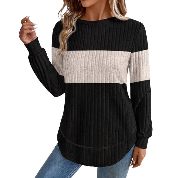 Women's Loose Long-Sleeve Curved Hem Knit Top, Autumn Round Neck Casual Pullover Sweater Shirt