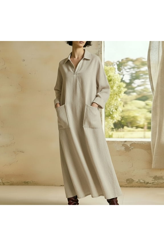 Women's Loose Maxi Dress Lapel V Neck Long Sleeve Kaftan Dress with Pockets Casual Cotton Linen Style Oversized Long Gown Flowy Relaxed Fit For Daily House Wear