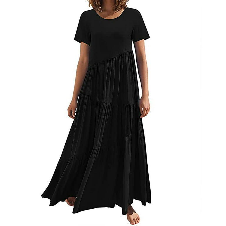 Women's Loose Maxi Dress Short Sleeve Crewneck Asymmetric Swing