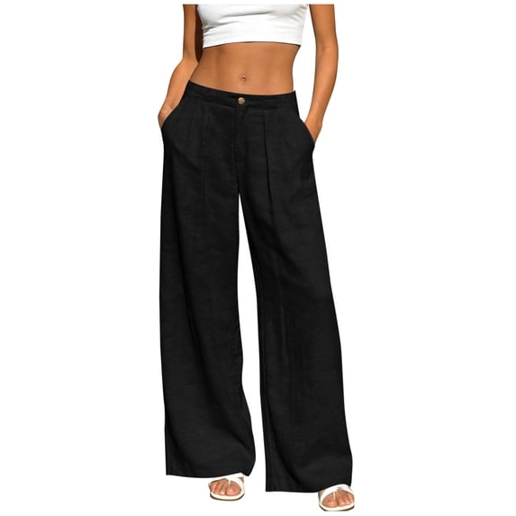 Women's Loose Mid Rise Pant Casual Straight Leg Elastic Waist Solid Color Pants with Pockets Black