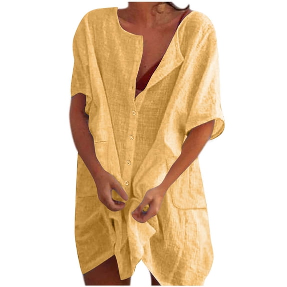 Women's Loose Mini Dress 2024 Button-Front Mini Dress Short Sleeves Dresses V Neck T Shirt Dresses Casual Summer Loungewear with Pockets