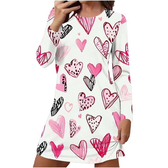 Women's Loose Nightgown Long Sleeve Nightshirt Heart Print Sleepwear Keen Length Pajama Dress Soft Loungewear
