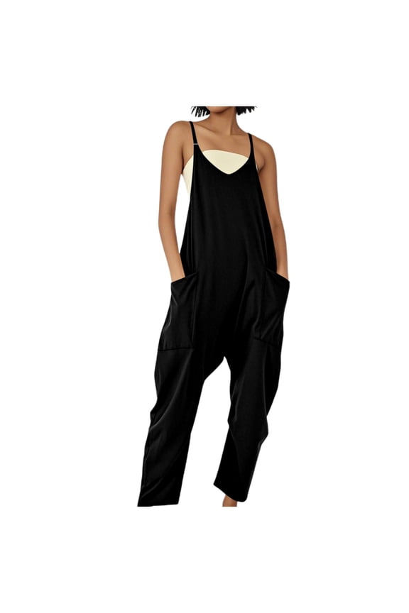 Women's Loose Overalls with Large Pockets - Strap Design, Casual Summer Jumpsuit, Polyester-Spandex