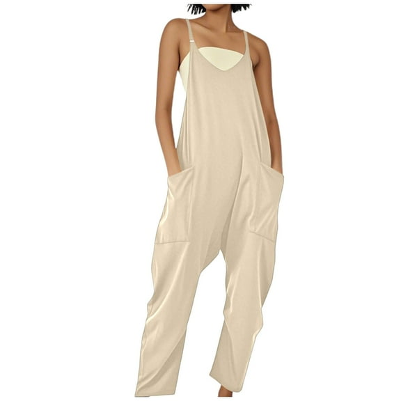 Women's Loose Overalls with Large Pockets - Strap Design, Casual Summer Jumpsuit, Polyester-Spandex