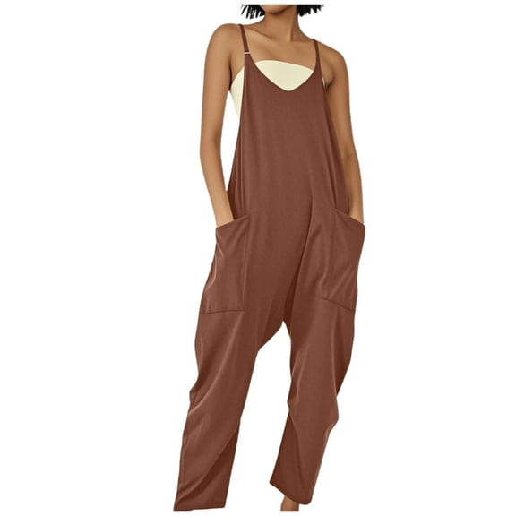 Women's Loose Overalls with Large Pockets - Strap Design, Casual Summer Jumpsuit, Polyester-Spandex
