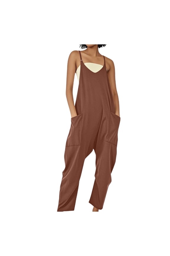 Women's Loose Overalls with Large Pockets - Strap Design, Casual Summer Jumpsuit, Polyester-Spandex