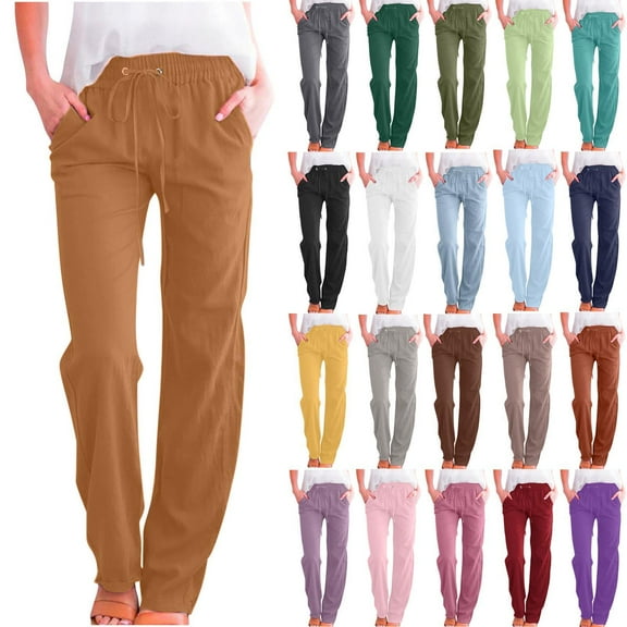 Women's Loose Pants Solid Color Drawstring Cotton And Linen Elastic Trousers with Pocket Stretch Casual Jeans Coffee S-3XL