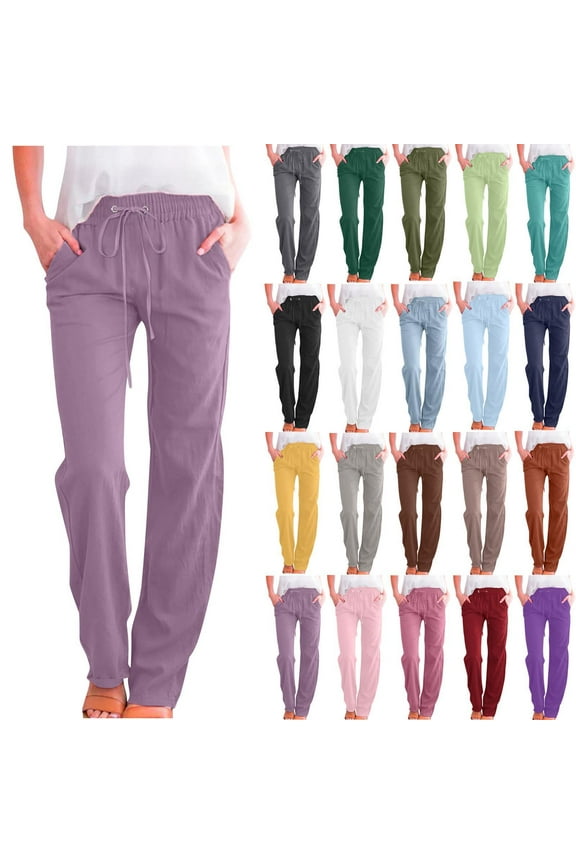 Women's Loose Pants Solid Color Drawstring Cotton And Linen Elastic Trousers with Pocket Stretch Casual Jeans Purple S-5XL