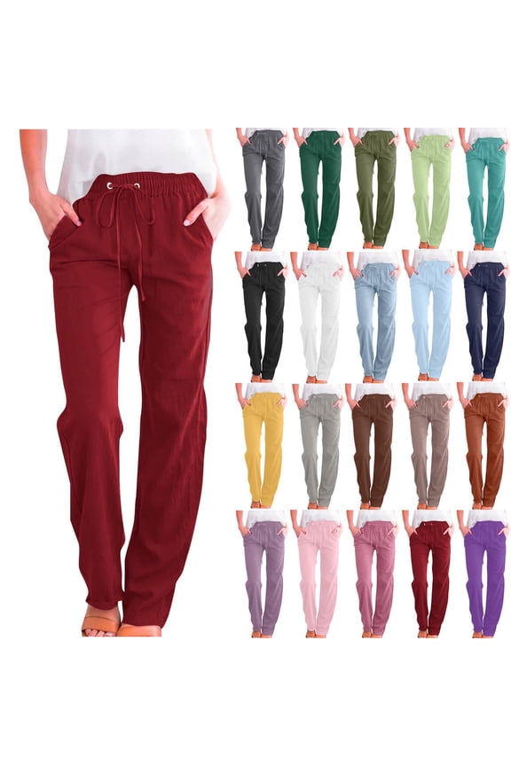 Women's Loose Pants Solid Color Drawstring Cotton And Linen Elastic Trousers with Pocket Stretch Casual Jeans Red S-5XL