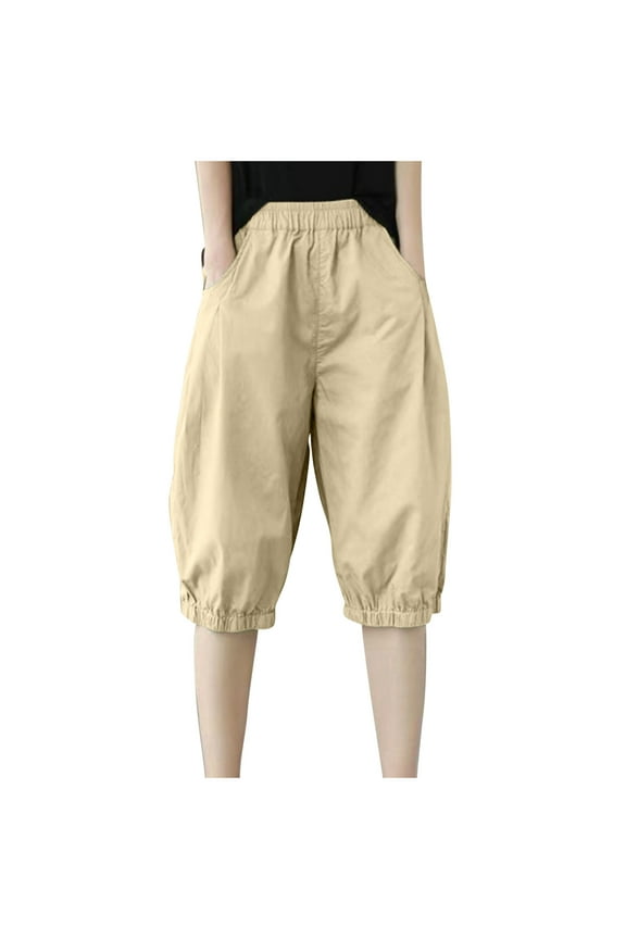 Women's Loose Pants Summer Casual Pleated Elastic Waist Knee Length Trousers with Pocket Wide Leg Joggers Baggy Bottoms, Khaki, L