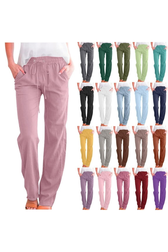 Women's Loose Pants Women' Solid Color Drawstring Linen Loose Casual Wide Leg Straight Leg Pants Stretch Casual Jeans Pink S-3XL