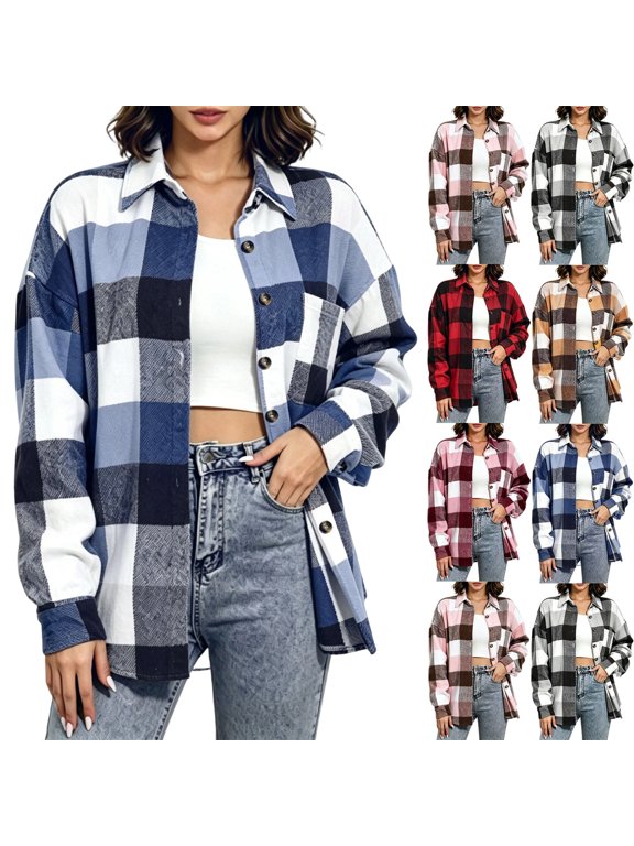 Women's Loose Plaid Jacket,Button Down Long Sleeve Open Front Shirt Shacket with Chest Pocket,Fashion Casual Long Outerwear