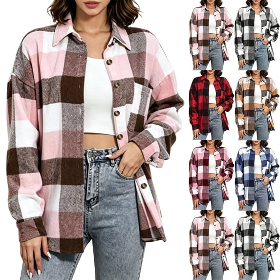 Women's Loose Plaid Jacket,Button Down Long Sleeve Open Front Shirt Shacket with Chest Pocket,Fashion Casual Long Outerwear