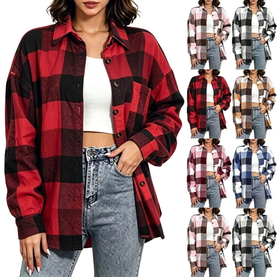 Women's Loose Plaid Jacket,Button Down Long Sleeve Open Front Shirt Shacket with Chest Pocket,Fashion Casual Long Outerwear