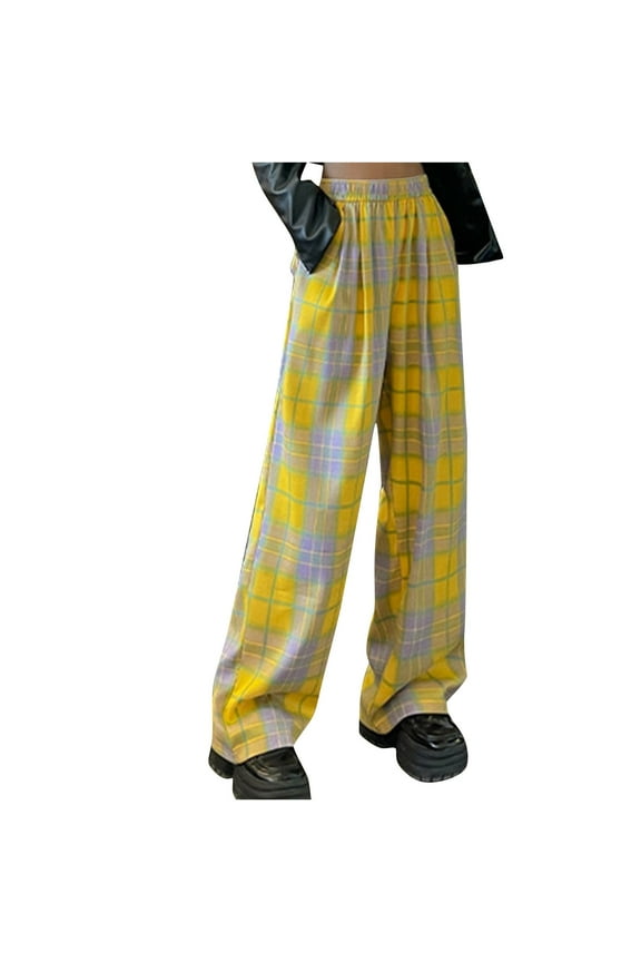 Women's Loose Plaid Pants Classic Elastic High Waist Wide Leg Trousers with Pockets Lounge Bottoms (Yellow M