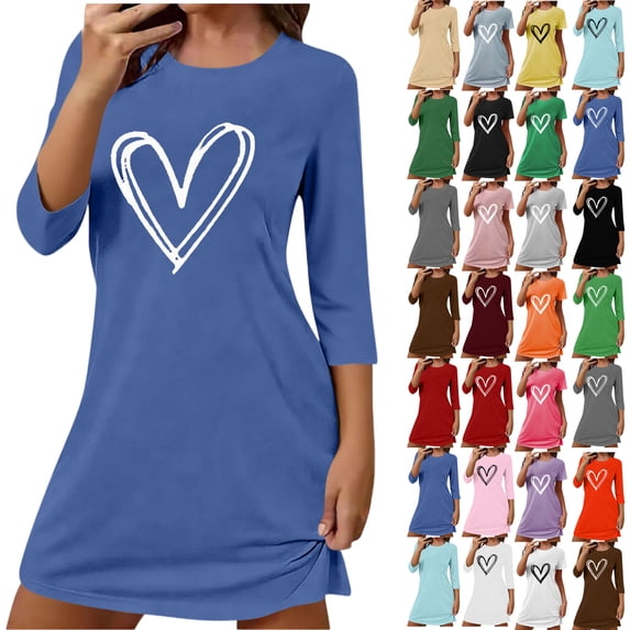 Summer Dresses for Women, Womens Sleep Shirt Printed Round Neck Long Sleeved Loose Mid Calf Nightgown