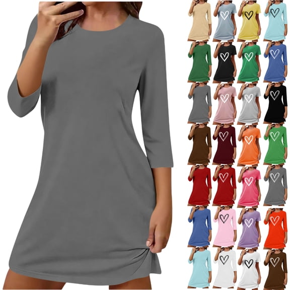 Summer Dresses for Women, Womens Sleep Shirt Solid Round Neck Long Sleeved Loose Mid Calf Nightgown