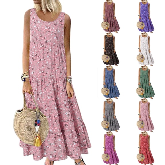 Women's Loose Plus Size Comfortable Halter Neck Round Neck Sleeveless Ethnic Style Printed Long Summer Dresses Tank Dresses for Women