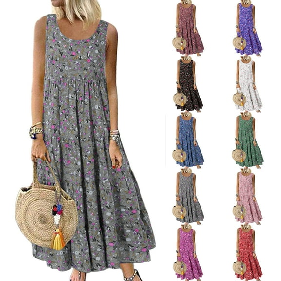 Women's Loose Plus Size Comfortable Halter Neck Round Neck Sleeveless Ethnic Style Printed Long Summer Dresses Tank Dresses for Women