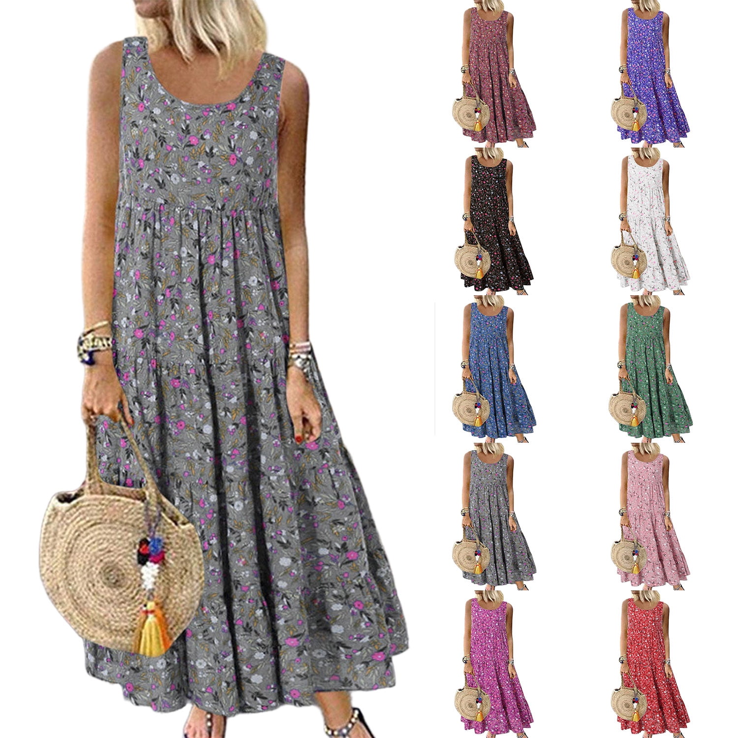 Vintage Print Loose Casual Long Dress Plus Size Women's Cotton Linen Summer Dresses H200 main image 1