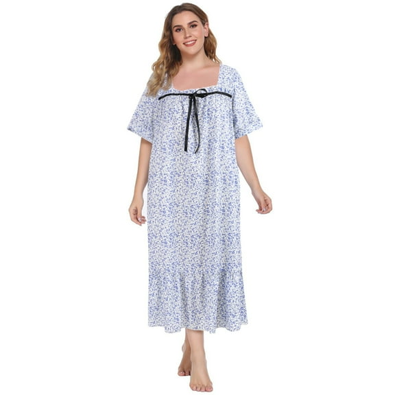 Women's Loose Plus Size Nightdress Square House Dress Short Sleeve Sleep Dress Soft Long Sleepwear Nightgowns For Home Wear Pajama Dress,XL-4XL