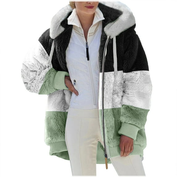 Women's Loose Plus Size Plush Hooded Jacket, Multicolor Paneled Zip-Up Long Sleeve Outerwear, Casual Warm Daily Coat, Green, XXXXXL