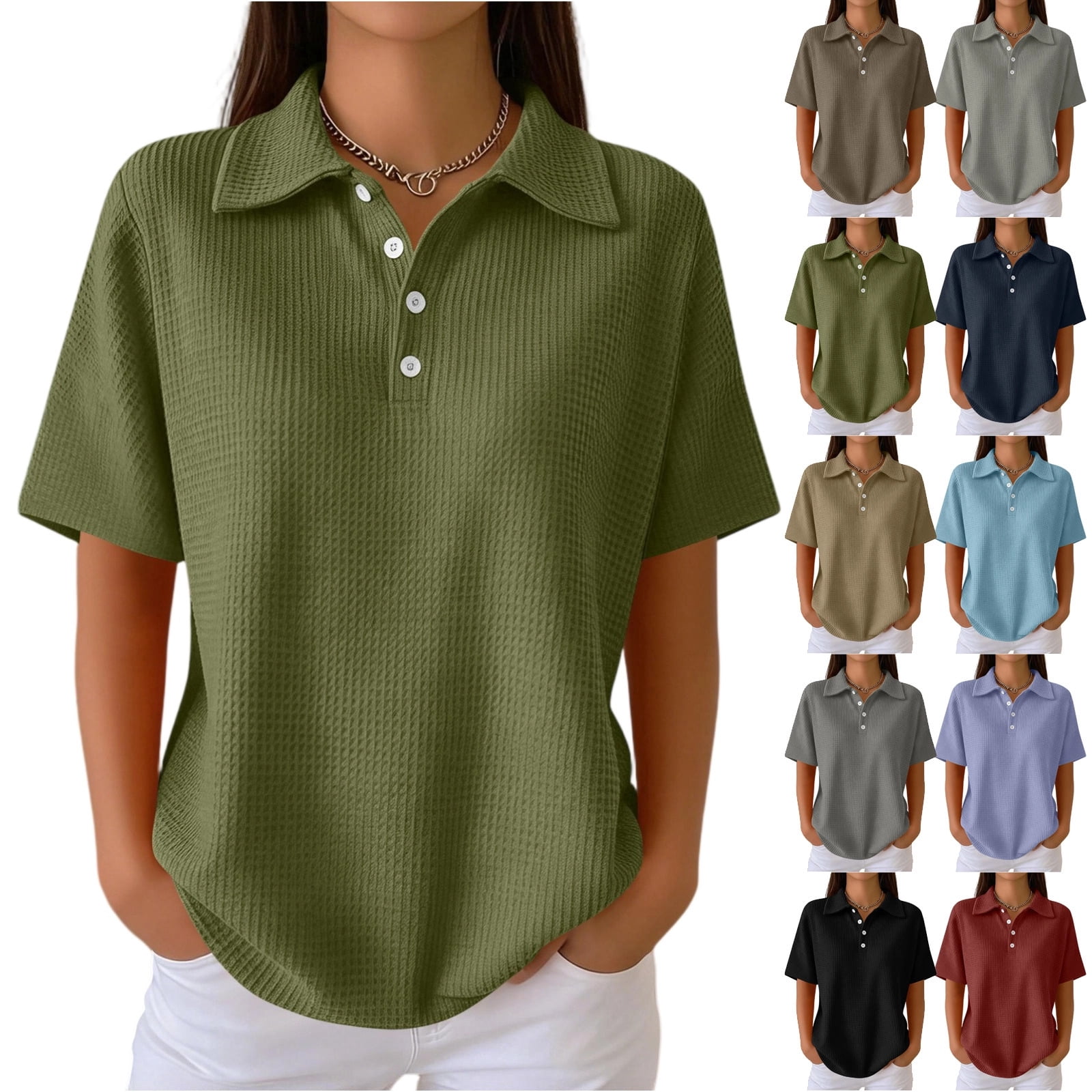 Women's Waffle Knit Polo Shirt Collared Short Sleeve Button Down