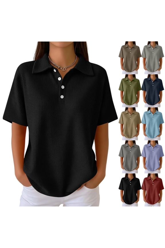 Women's Loose Polo Shirt Collared Waffle Knit Tops Short Sleeve Button Placket Soft Breathable Lightweight Versatile Tee, #02 Black, L