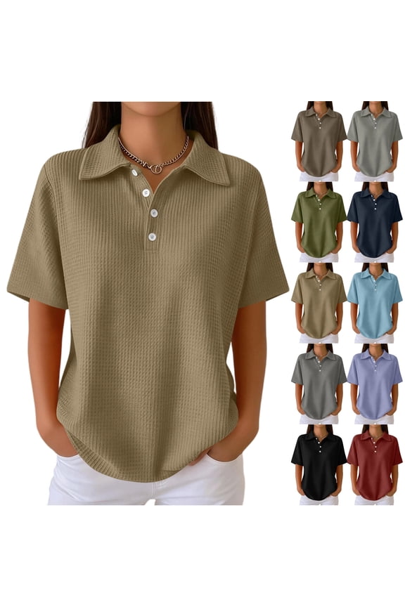 Women's Loose Polo Shirt Collared Waffle Knit Tops Short Sleeve Button Placket Soft Breathable Lightweight Versatile Tee, #02 Khaki, XXL