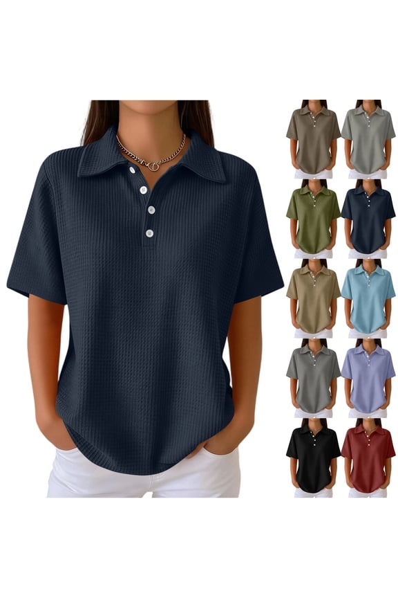 Women's Loose Polo Shirt Collared Waffle Knit Tops Short Sleeve Button Placket Soft Breathable Lightweight Versatile Tee, #02 Navy, XXL