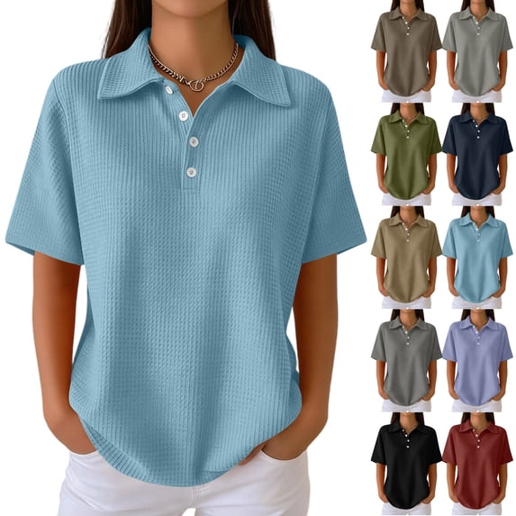 Women's Loose Polo Shirt Collared Waffle Knit Tops Short Sleeve Button Placket Soft Breathable Lightweight Versatile Tee, #02 Sky Blue, 3XL