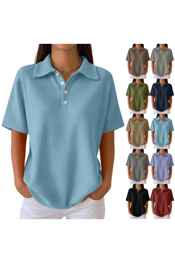 Women's Loose Polo Shirt Collared Waffle Knit Tops Short Sleeve Button Placket Soft Breathable Lightweight Versatile Tee, #02 Sky Blue, M