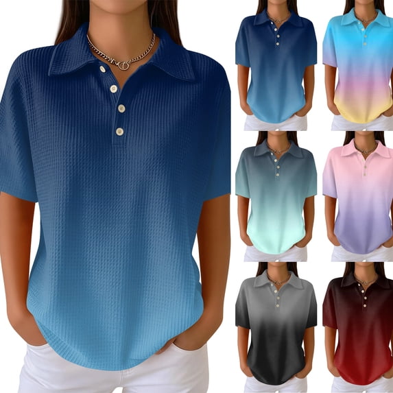 Women's Waffle Knit Polo Shirt Collared Short Sleeve Button Down Gradient Shirts Soft Breathable Lightweight Casual Summer Tee, 3XL, B05 Blue