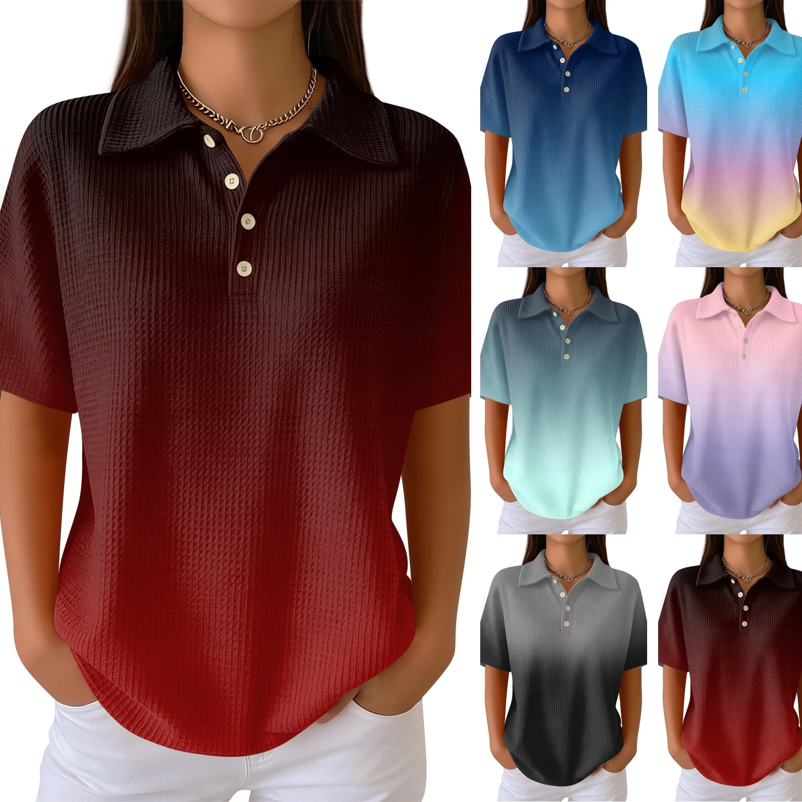 Women's Waffle Knit Polo Shirt Collared Short Sleeve Button Down