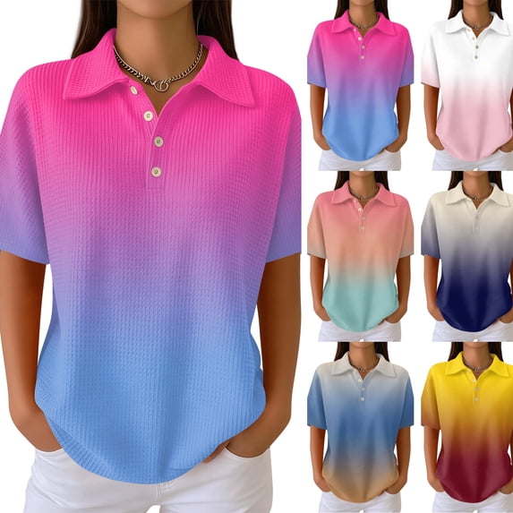 Women's Waffle Knit Polo Shirt Collared Short Sleeve Button Down Gradient Shirts Soft Breathable Lightweight Casual Summer Tee, S, C06 Blue