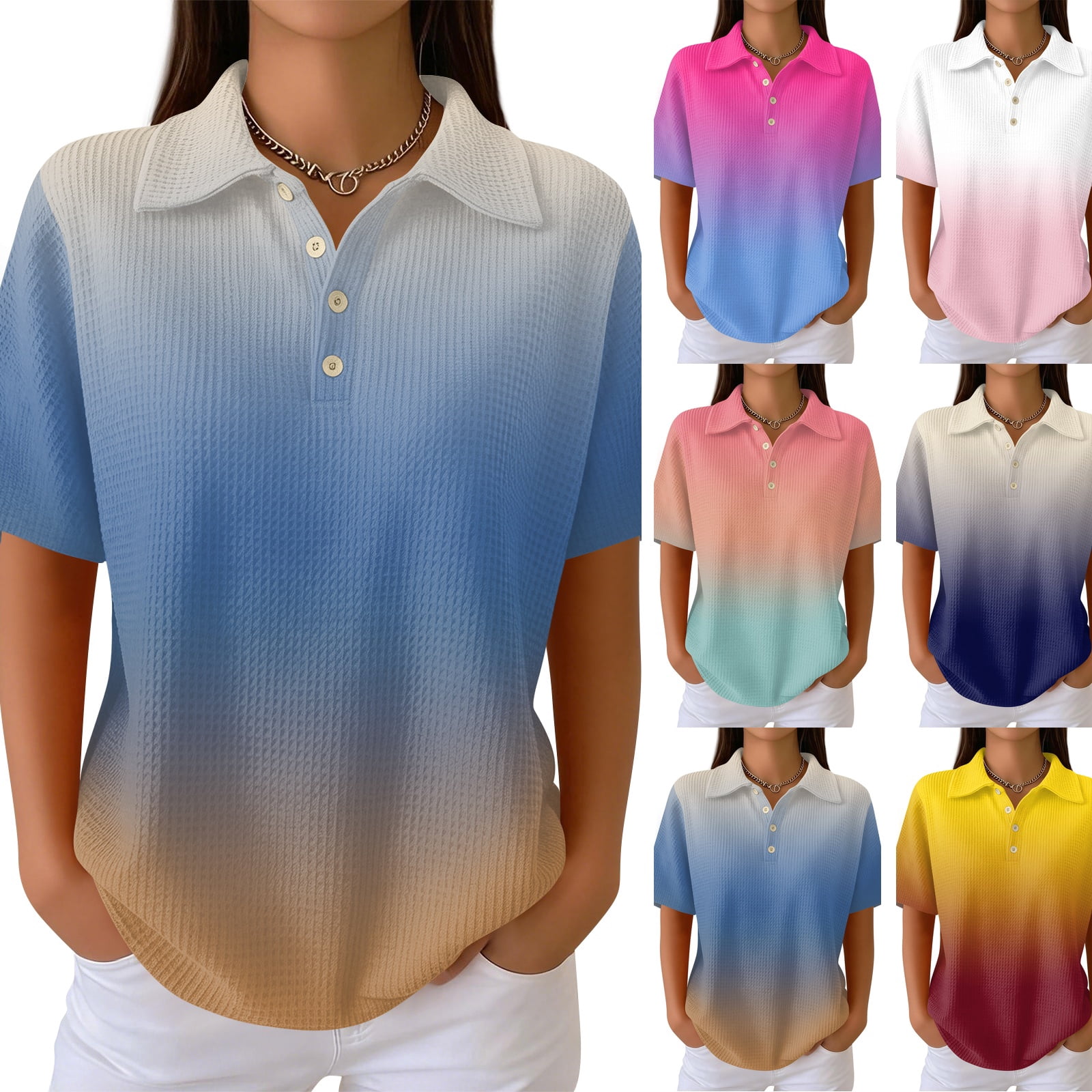 Women's Waffle Knit Polo Shirt Collared Short Sleeve Button Down