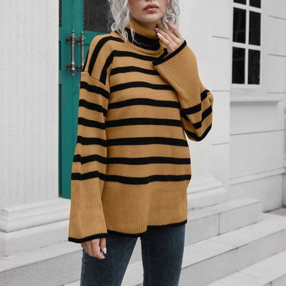 Women's Loose Pullover Sweater Turtleneck Side Slit Knitted Long Sleeve Casual Blouse