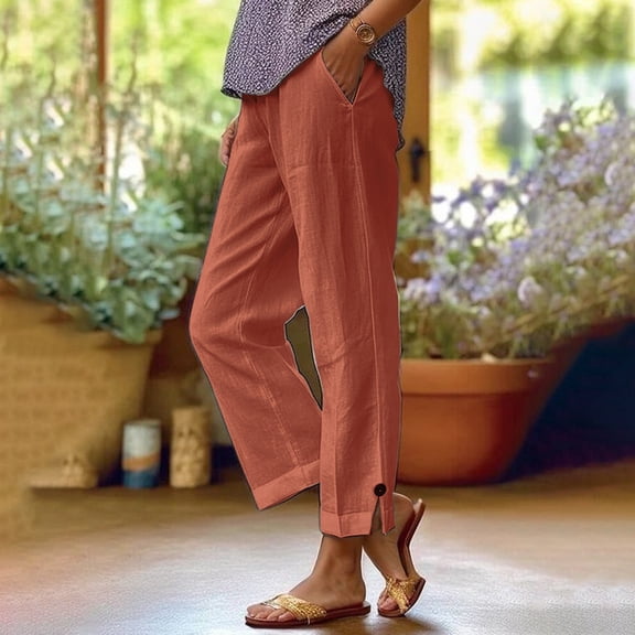 Women's Loose Pure Color Linen Casual Pants With Elastic Waist And Pockets Stretch 20 Trendy Women Clothes Womens plus Petite Pants Womens plus Size Pants Petite Womens Pants Petite plus Size Comfy