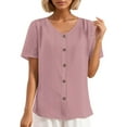 thumbnail image 1 of Women's Loose Round Neck Short Sleeve Jacquard T Shirt With Buttons, 1 of 2