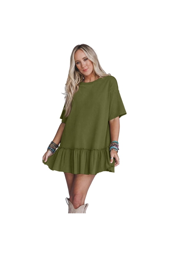 Women's Loose Ruffle Pleated Short Sleeve Dress, Sweet and Spicy Style Dress for Summer, Flowy A Line Cut, Casual Date Outfit, Comfort Fit,Army Green L