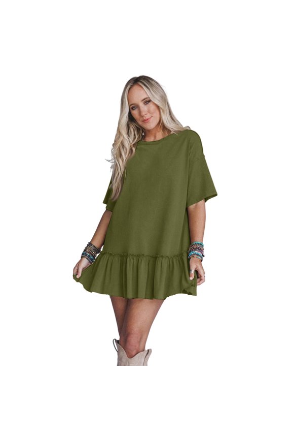 Women's Loose Ruffle Pleated Short Sleeve Dress, Sweet and Spicy Style Dress for Summer, Flowy A Line Cut, Casual Date Outfit, Comfort Fit,Army Green S